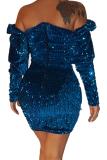 Blue Sequin Off Shoulder Club Dress
