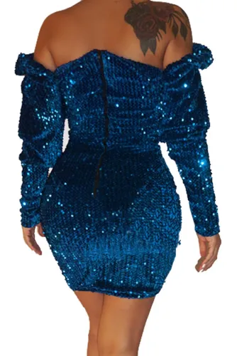Blue Sequin Off Shoulder Club Dress
