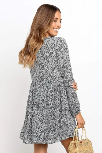 Black Printed V Neck Buttoned Long Sleeve Shirt Dress