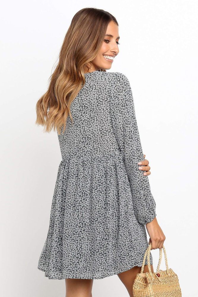 Black Printed V Neck Buttoned Long Sleeve Shirt Dress