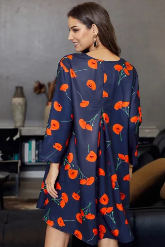 Blue Printed V-Neck Three Quarter Sleeve Loose Dress