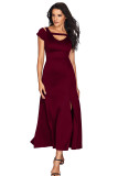 Burgundy Cold Shoulder Front Slit Flare Maxi Dress