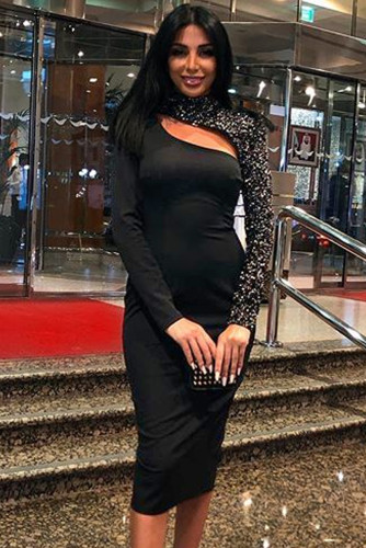 Unilateral Sequined Sleeve Collar Neck Tight Dress