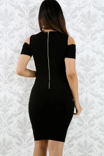 Mesh Combine Embroidered Rose Cold Shoulder Bodycon Dress