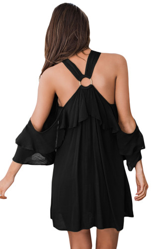 Black Adorable Sexy O Ring Detail Ruffle Dress