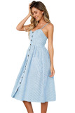 Blue White Striped Buttoned Mid Calf Dress