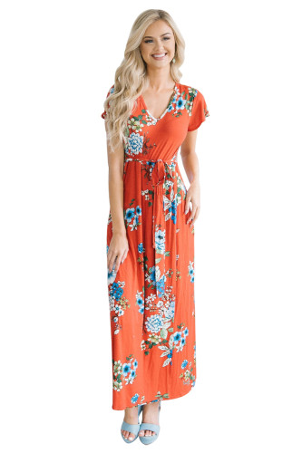 Poppy Red Floral Print Cap Sleeve Maxi Dress