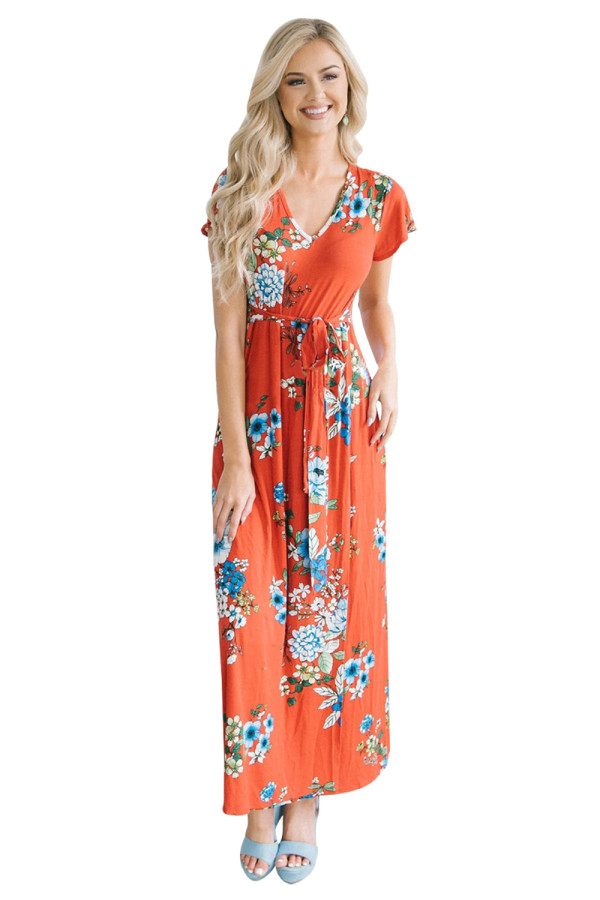 Poppy Red Floral Print Cap Sleeve Maxi Dress