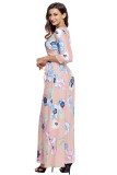 Light Pink Floral Print Wrapped Long Boho Dress