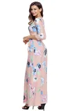 Light Pink Floral Print Wrapped Long Boho Dress
