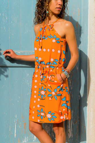 Orange Floral Print Tank Tunic Dress