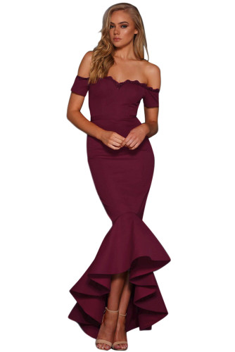 Burgundy Lace Trim Off Shoulder Mermaid Party Dress