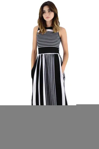 Black White Striped Pocket Style Maxi Tank Dress