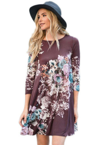 Plum Purple Floral Long Sleeve A-Line Tunic Dress