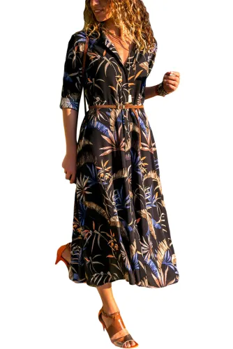 Dark Bohemian Floral Print Buttoned Belted Shirt Dress