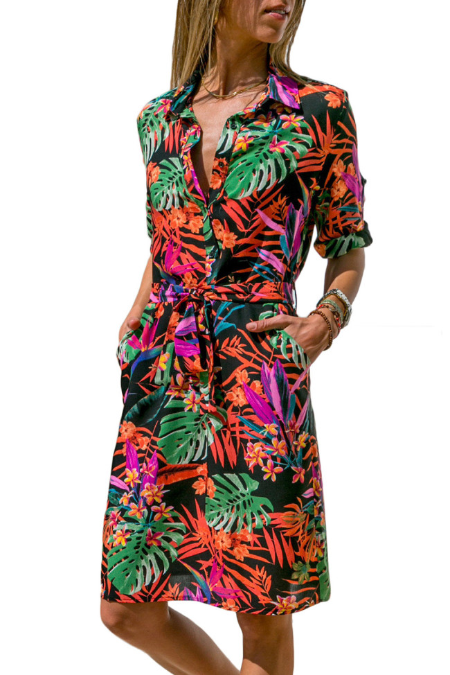 Tropical Leaf Print Button V Neck Shirt Dress