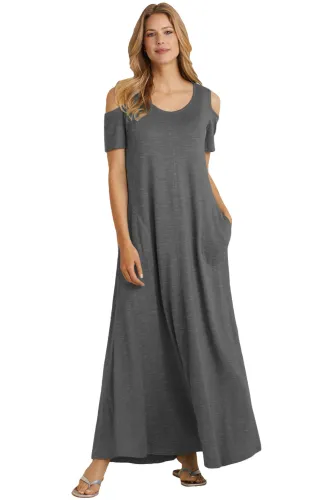Charcoal Cold Shoulder Pocket Style Maxi Dress