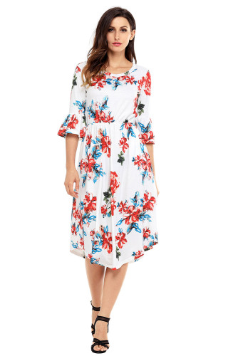 White 3/4 Bell Sleeve Floral Midi Dress