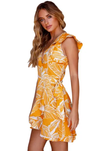 Mustard Leaf Vein Print Ruffle and Wrap Short Summer Dress