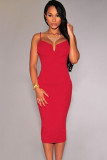 Red Plunging V Neck Midi Dress