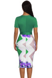 Green Bowknot Short Sleeve Printed Sheath Dress
