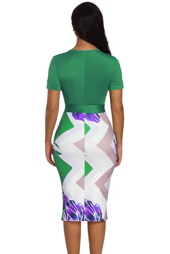 Green Bowknot Short Sleeve Printed Sheath Dress