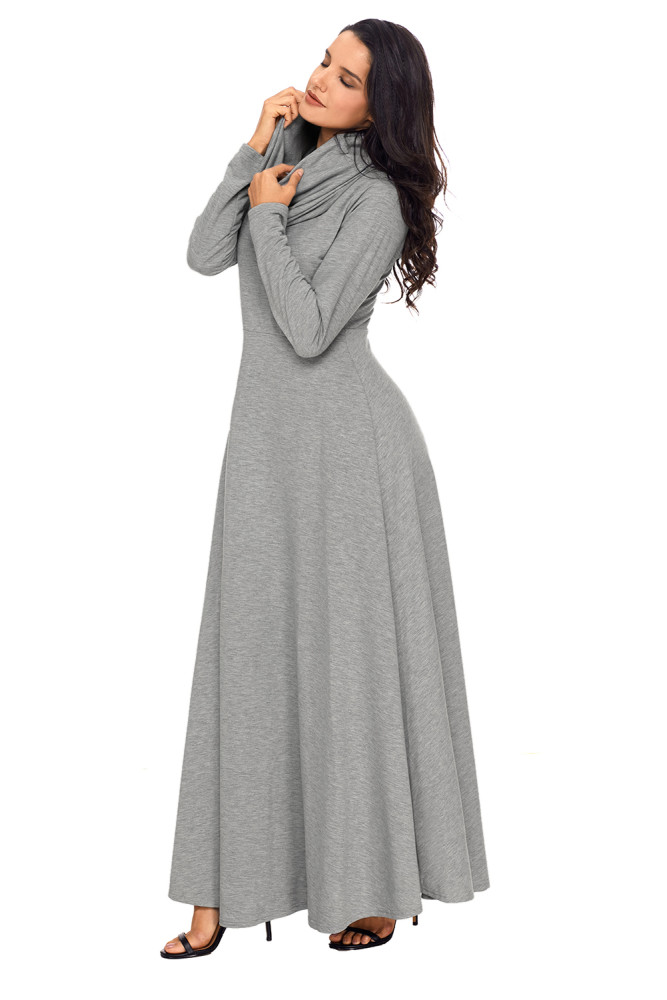 Grey Cow Neck Long Sleeve Maxi Dress