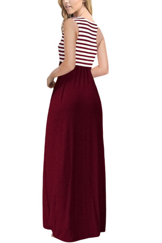 Burgundy White Striped High Waist Tank Maxi Dress