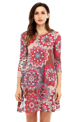 Bohemian Sunflower Print Grey Brown Dress