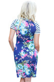 Royal Blue Striped Short Sleeve Body-hugging Floral Dress