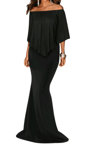 Black Off Shoulder Overlay Ruffle Evening Dress