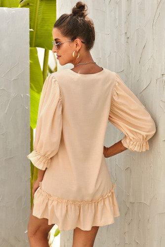 Beige Casual Loose V Neck Short Swing Dress