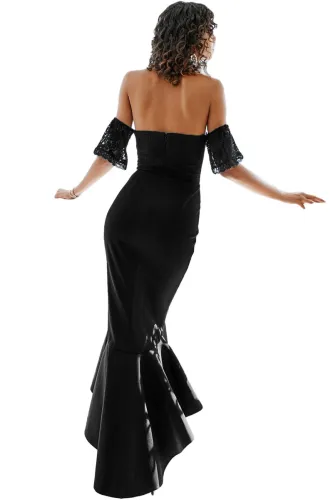 Black Lace Embellished Strapless Party Dress