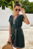 Green Summer Boho Embroidered V Neck Short Sleeve Casual Mini Dress