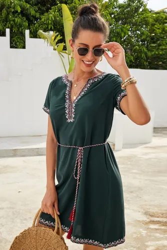 Green Summer Boho Embroidered V Neck Short Sleeve Casual Mini Dress