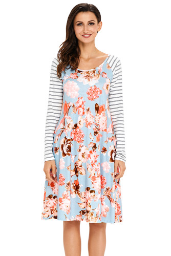 Blue Floral Print Stripe Raglan Sleeve Dress