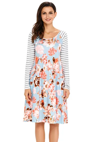 Blue Floral Print Stripe Raglan Sleeve Dress