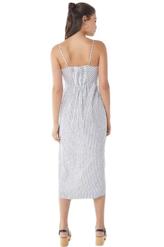 Striped Buttoned Linen Midi Dress