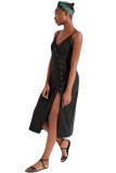 Black Buttoned Linen Midi Dress