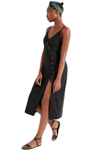 Black Buttoned Linen Midi Dress