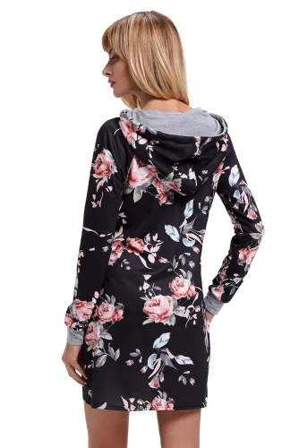 Black Floral Print Drawstring Hoodie Dress