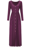 Burgundy Button Front Pocket Style Casual Long Dress