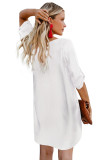White V Neck Button Front Roll up Tab Sleeve Dress