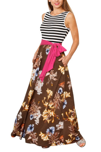 Brown Floral Scatter Striped Sleeveless Boho Dress