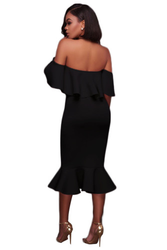 Black Ruffle Off Shoulder Mermaid Midi Party Dress