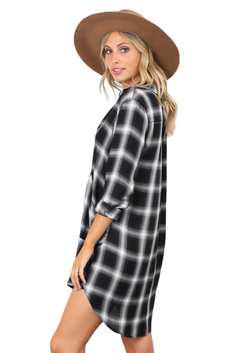 Black White Plaid Pocket Style Shirt Dress