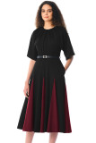 Black Burgundy Godet Colorblock A-line Midi Dress