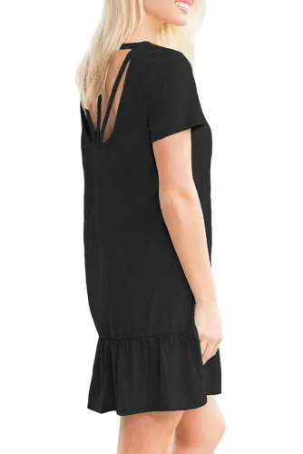 Black Strappy Back Ruffle Hem Casual Shirt Dress