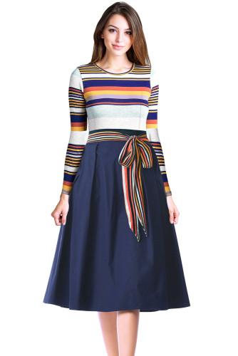 Navy Yellow Striped Poplin Sash Tie Midi Dress