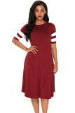 Striped Half Sleeves O Neck Flowy Jersey Dress in Red